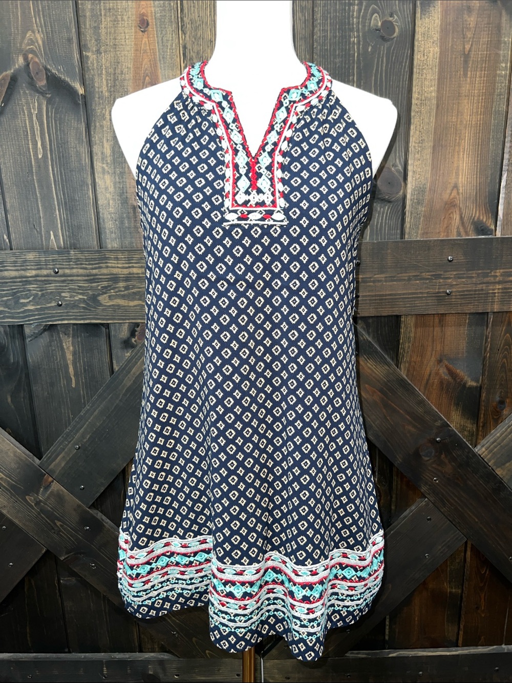 THML Faye Embroidered Halter Mini Dress S Blue Aztec Boho Shift Lined Sundress